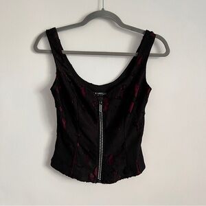 Vintage Y2K Doc & Amelia Premier Black Red Metallic Distressed Zip Front Top